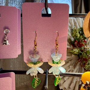 Floral Drop Earrings with Green and Gold Accents